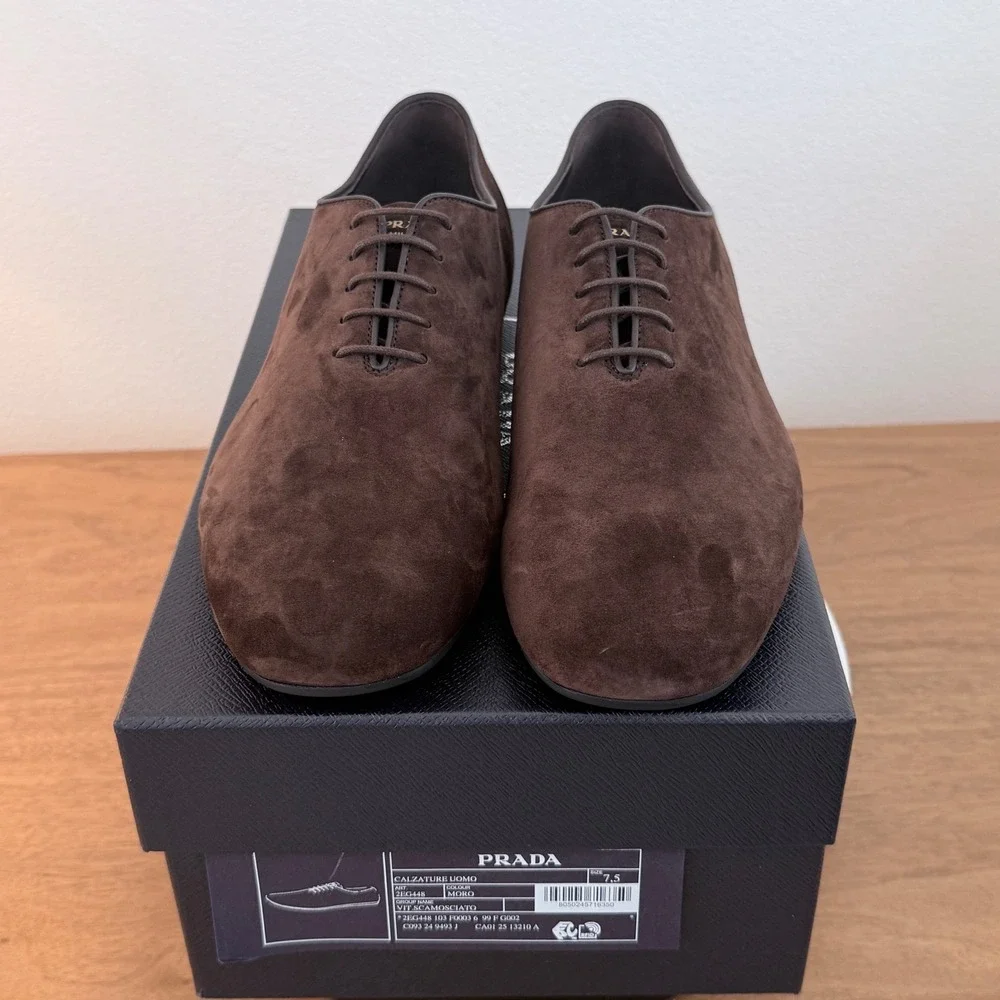 Prada Mens Vit.Scamosciato Suede Oxford Shoes Moro Brown 2EG448 Size 7.5